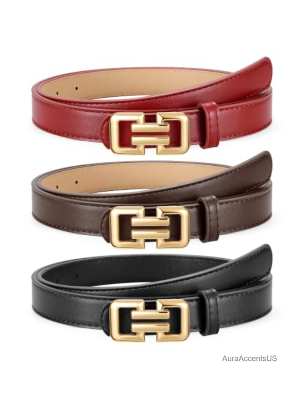 3 Pack Women Faux Leather Belts with Gold Hollow Square Buckle
